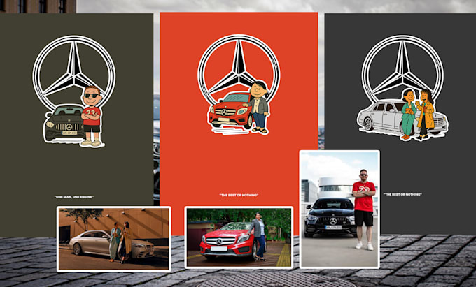 draw a peanuts style custom poster of you and your mercedes benz car
