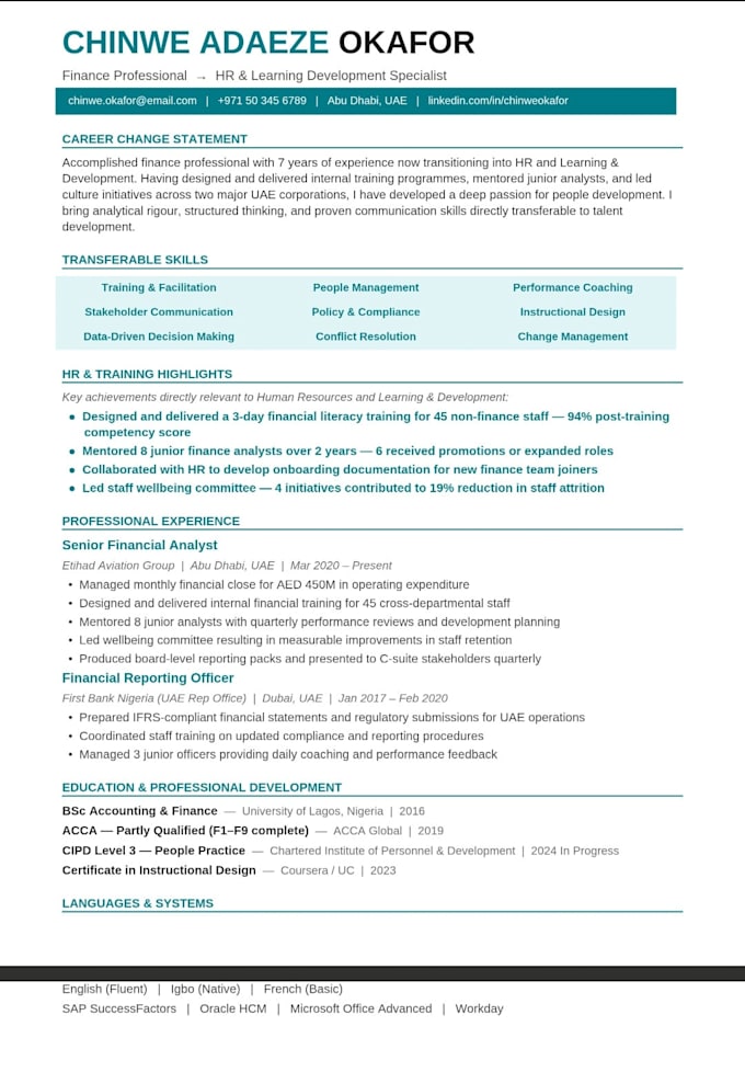 write an ats friendly CV and resume for uae jobs