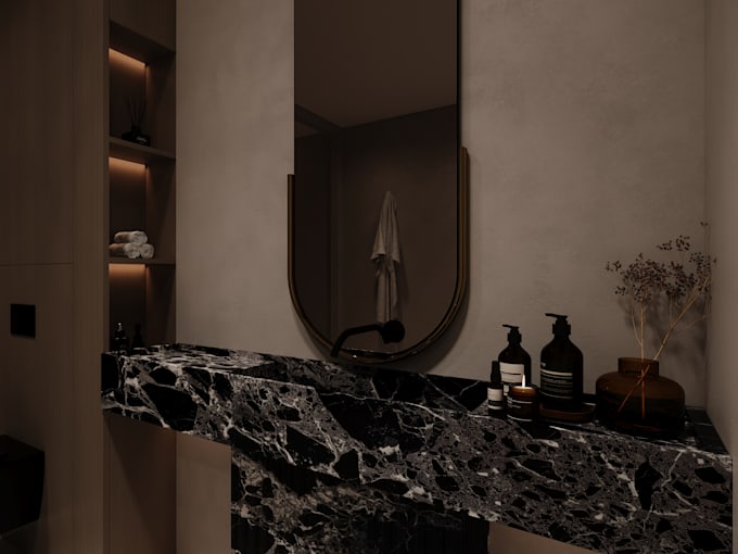 design a modern 3d bathroom with photorealistic rendering
