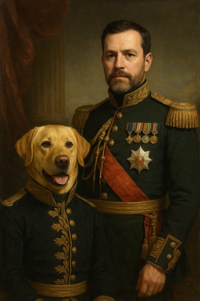 create a royal pet and owner portrait in a majestic style