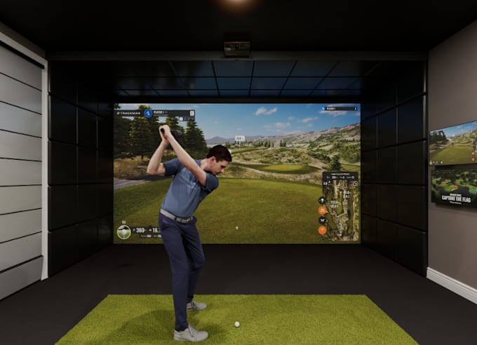 custom house renovation,golf interior render, golf screen simulator, wall system