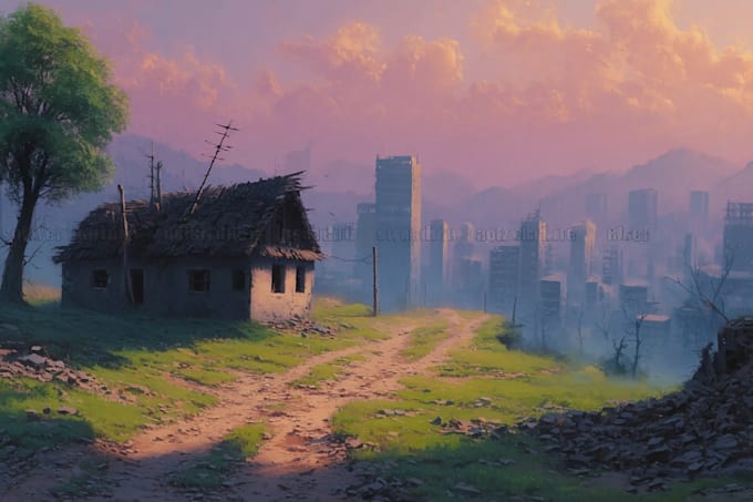 draw fantasy, post apocalyptic, background or concept art