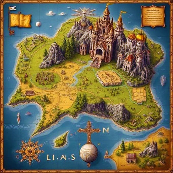 create line art fantasy map illustration