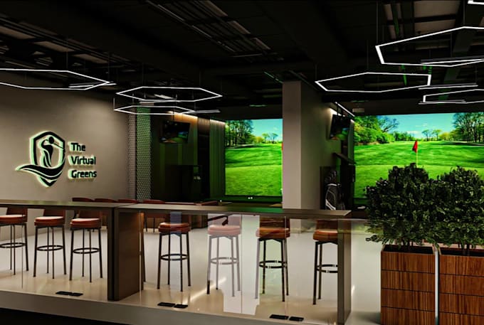 virtual green golf simulator,gaming cafe,golf showroom,ceiling layout,8k render