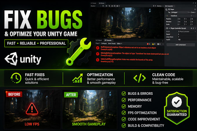fix bugs, errors and optimize your unity game