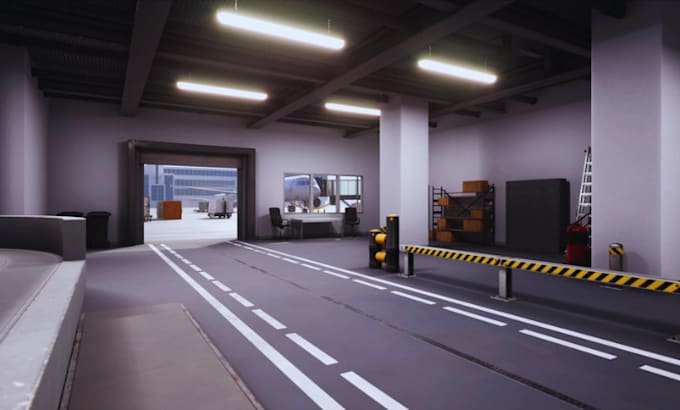 create photorealistic 3d airplane hangar, 3d warehouse, 3d aviation facilities