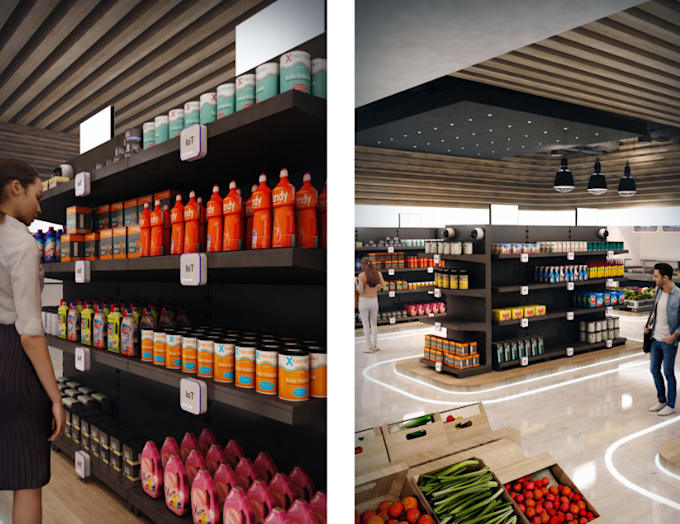 construct 3d supermarket, render departmental store, workspace, shopping mall
