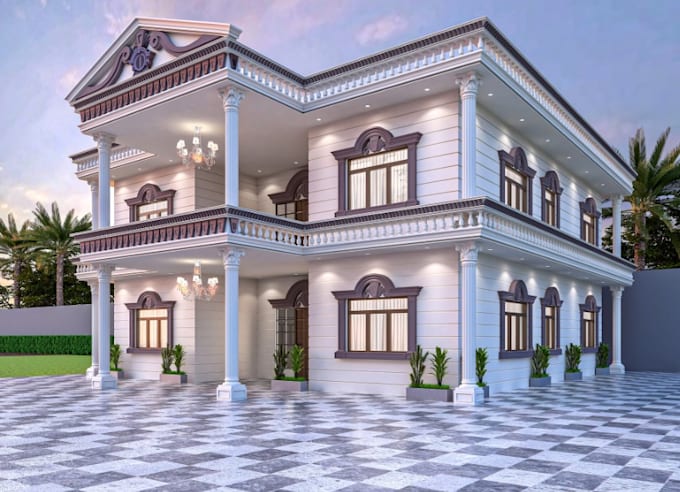 restyle classic house,elavation rendering ,luxury mansion, colonial house facade