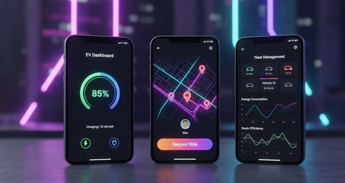 design futuristic UI UX for ev ride hailing and fleet management apps in figma