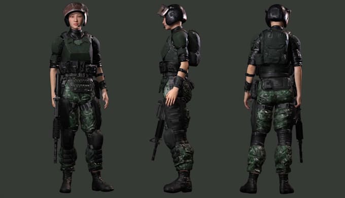 3d game character, game asset,3d amore,mid poly 3d model,military attire,3danime