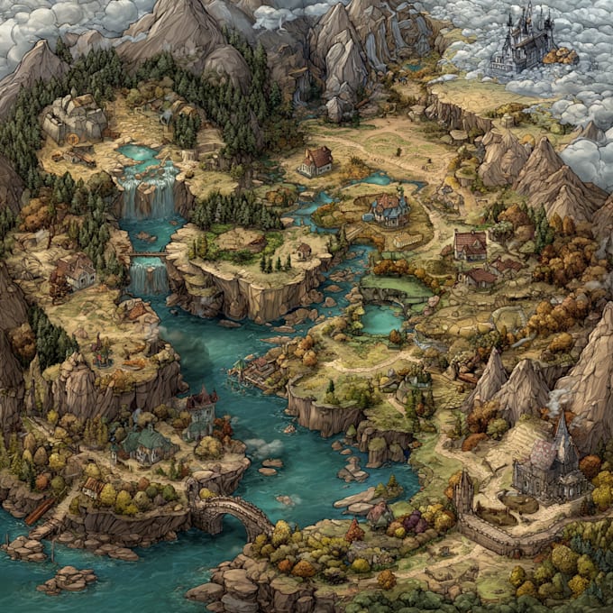 do line art fantasy map illustration