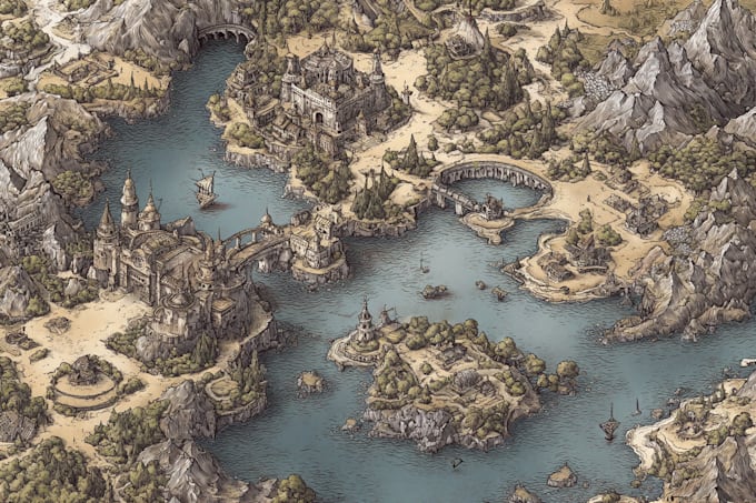 make cartoon fantasy map illustration, doodle hand drawn