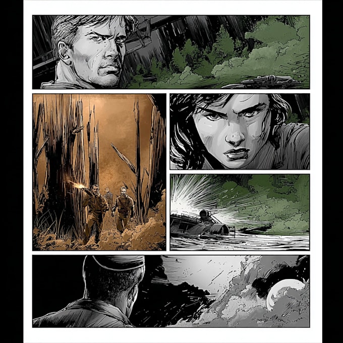create sequential comic book illustration, book art, covers