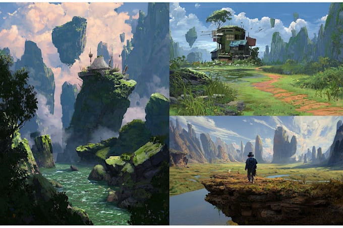 draw environment concept art, fantasy worlds