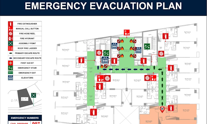 design fire exit and emergency evacuation plan, maps, diagram