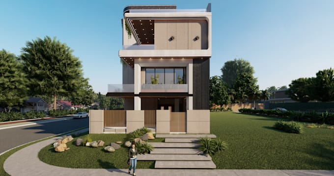 visualize 3d house layout, facade elevation, duplex home,exterior balcony render