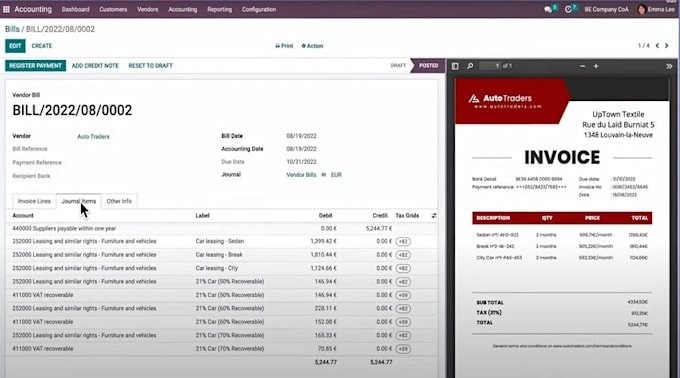 set up odoo accounting, perform bookkeeping, and manage financial workflows