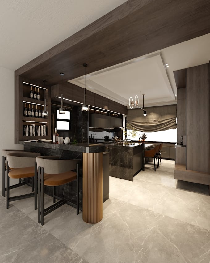 design a realistic 3d modern kitchen interior