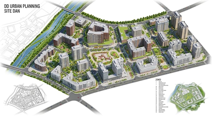 design 2d and 3d urban planning, site plan with 3d architectural rendering