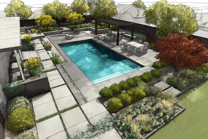 do modern landscape rendering, backyard, pool patio,