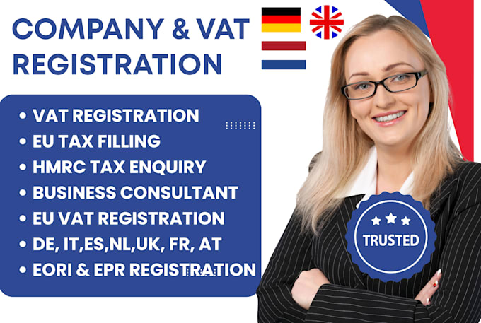 handle company, vat, eori, and epr registration in de, fr, IT, nl, at, UK, es