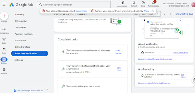 do google ads advertiser account verification