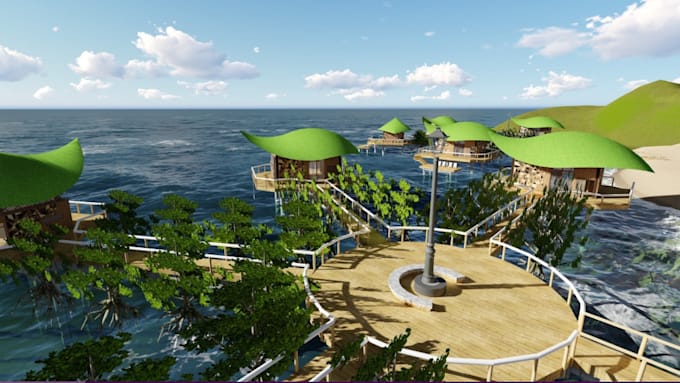 remodel 3d ocean villa,beachfront exterior,lake house,floating resort,cgi render