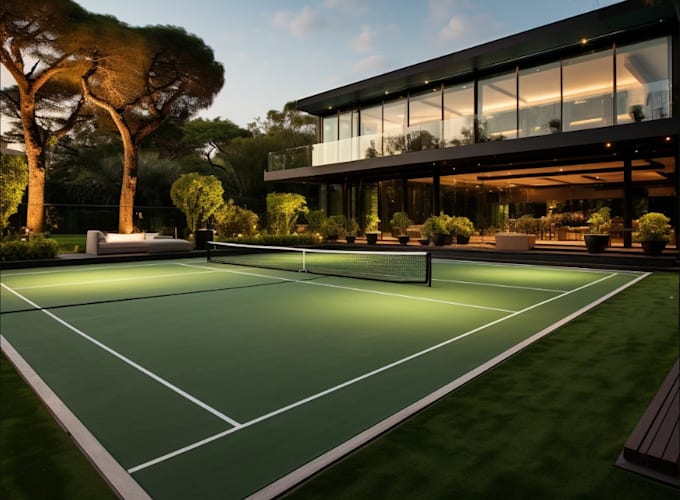 redesign outdoor padel ,mini golf, layout, showroom, soccer field, tennis padel,