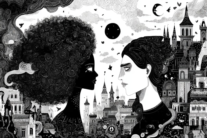 draw detailed black and white illustration