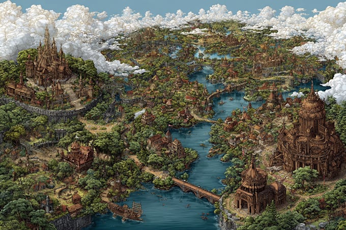 do medieval fantasy map, isometric vector map illustrations