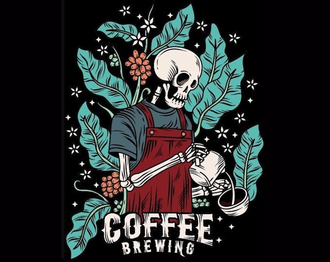 do skeleton with coffee cup t shirt logo design