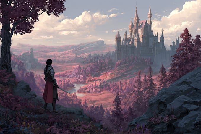 draw isometric fantasy landscape illustration in 2d