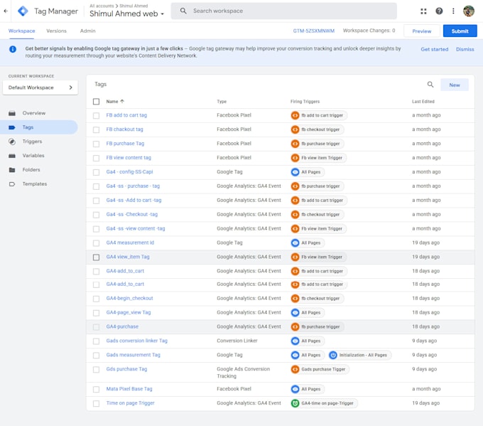 setup facebook pixel, conversion API, ga4 and server side tracking via GTM