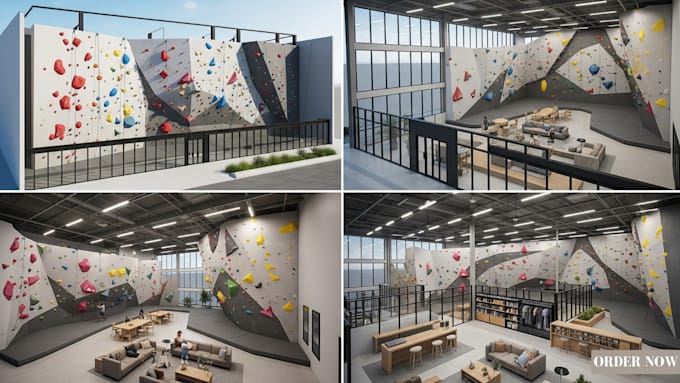 create 3d photorealistic interior gym house, climbing gym, hot yoga room render