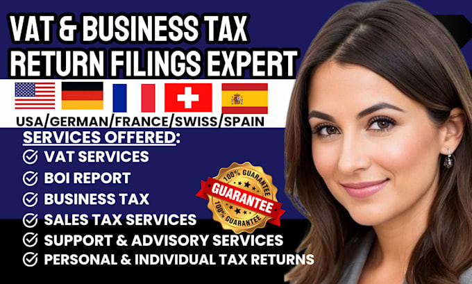 handle vat business tax return filings in US germany france spain switzerland