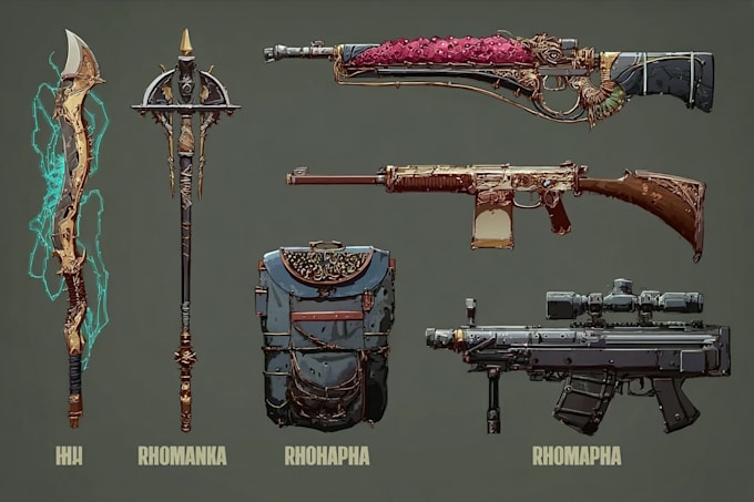 design creative concept art of weapons and items