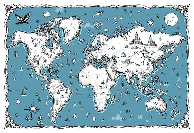 draw cartoon fantasy map illustration, doodle hand