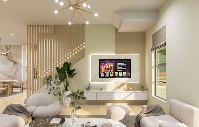 design  TV wall and living room wall with realistic renders