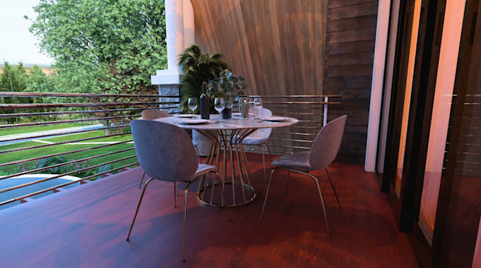 visualize 3d a frame house,cgi facade,interior mockup,living space render,gazebo