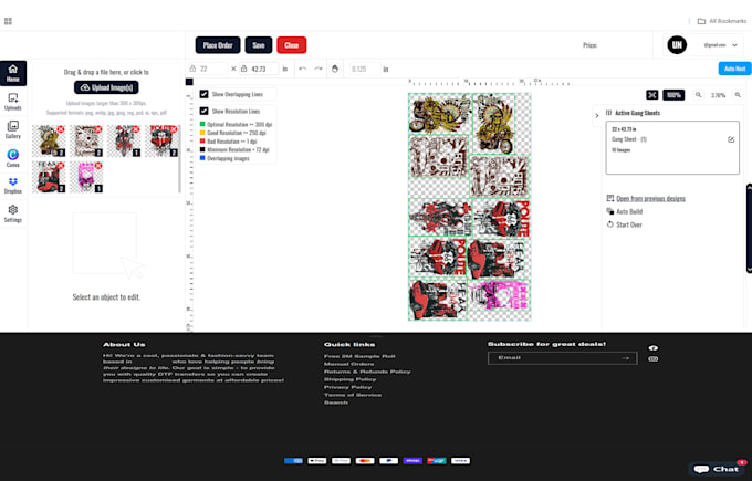 design shopify dtf printing website with gang sheet builder