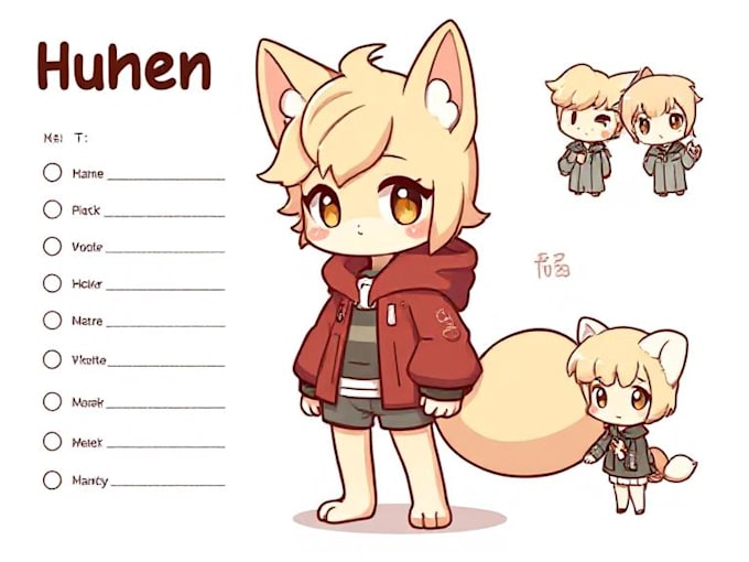 draw cute furry human character reference sheet with chibi