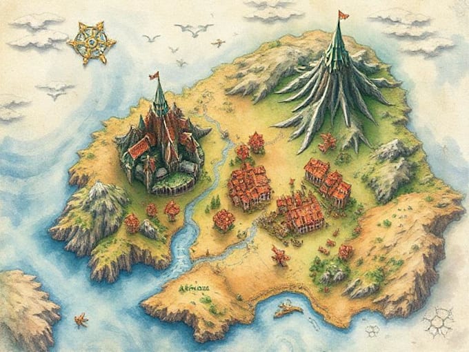 hand draw a fantasy map with digital watercolours