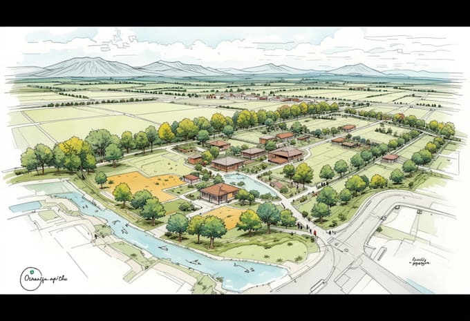 draw landscape sketch, colored site plan, map illustration