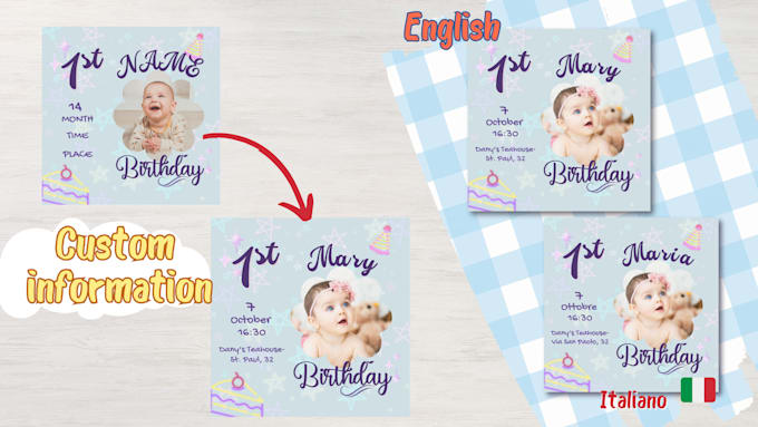 custom digital 1 birthday invitation card