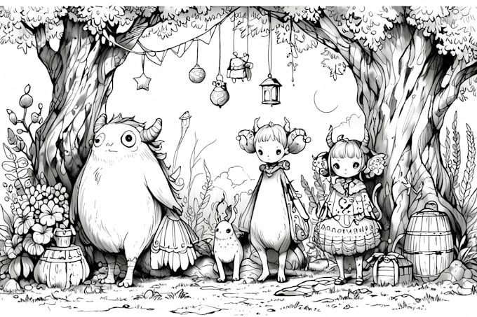 fantasy line art with creatures and vintage things