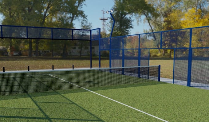 generate 8k rendering for your exist complex, forest tennis court, seating area