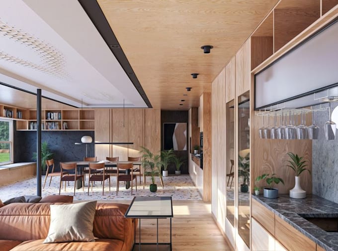 renovate luxury apartment interior, cozy open concept layout, warm wood accents