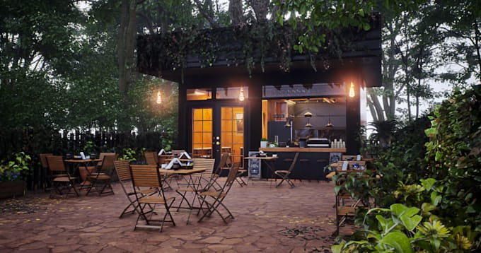 visualize forest cafe,cgi outdoor seat, restaurant layout,terrace,d5 light plan