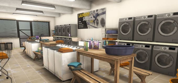 revamp 3d laundry shop,laundry facility, layout rendering, furniture setting,cgi