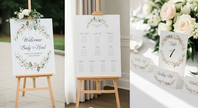 design personalized wedding event welcome, seating, table cards
